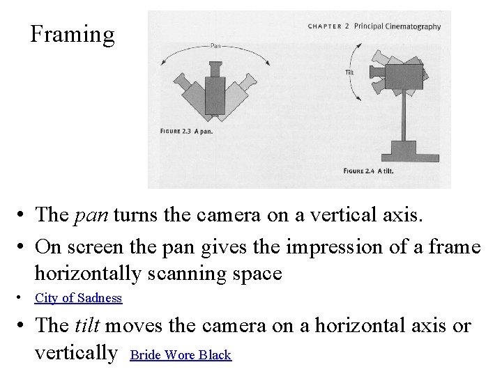 Framing • The pan turns the camera on a vertical axis. • On screen