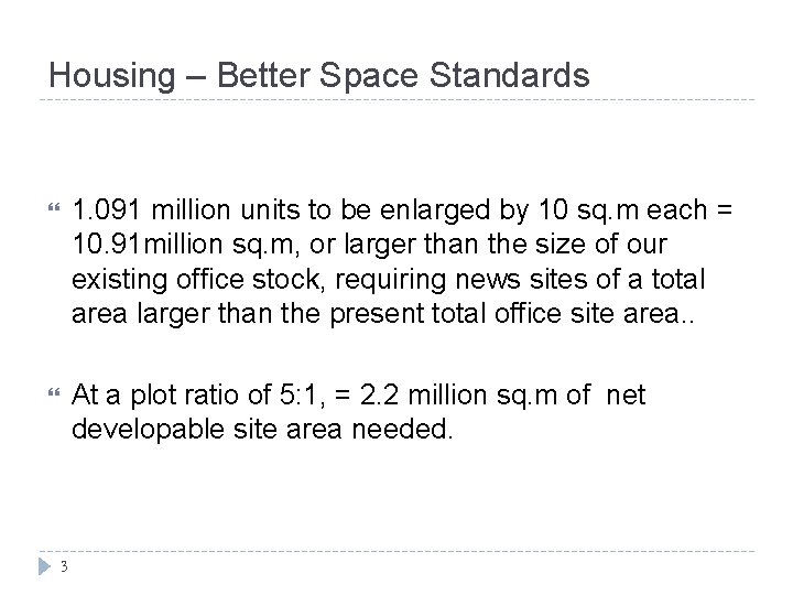 Housing – Better Space Standards 1. 091 million units to be enlarged by 10
