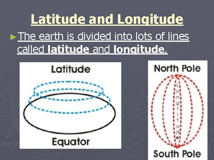Latitude and Longitude ►The earth is divided into lots of lines called latitude and