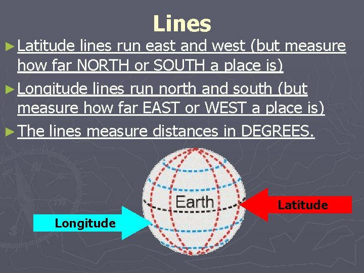► Latitude Lines lines run east and west (but measure how far NORTH or