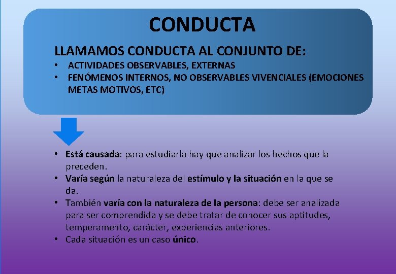 CONDUCTA LLAMAMOS CONDUCTA AL CONJUNTO DE: • ACTIVIDADES OBSERVABLES, EXTERNAS • FENÓMENOS INTERNOS, NO