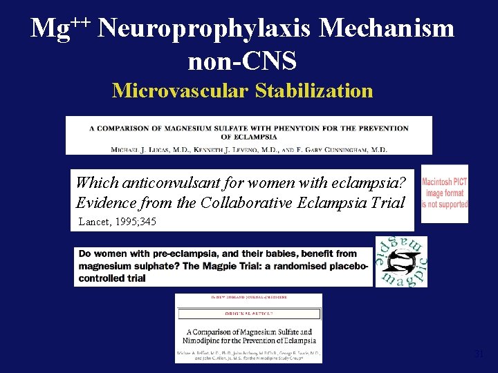Mg++ Neuroprophylaxis Mechanism non-CNS Microvascular Stabilization Which anticonvulsant for women with eclampsia? Evidence from