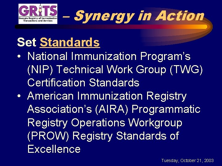 – Synergy in Action Set Standards • National Immunization Program’s (NIP) Technical Work Group