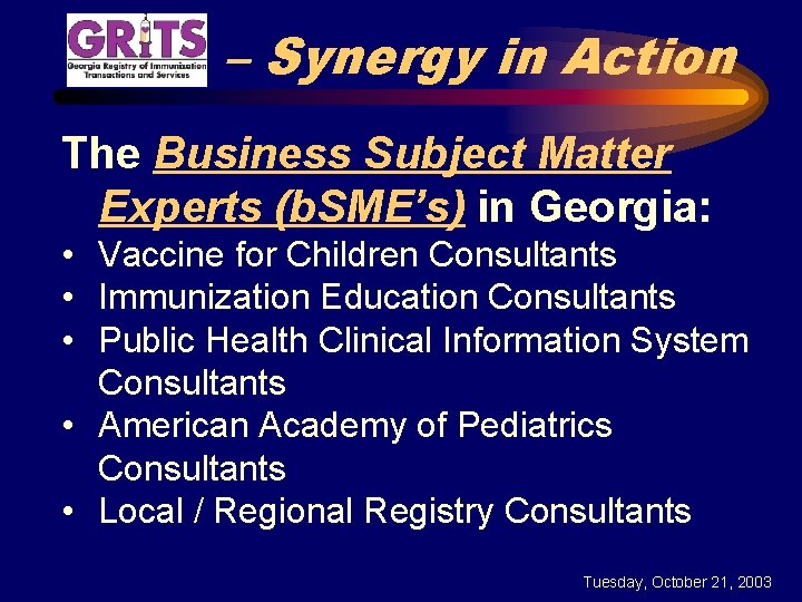 – Synergy in Action The Business Subject Matter Experts (b. SME’s) in Georgia: •