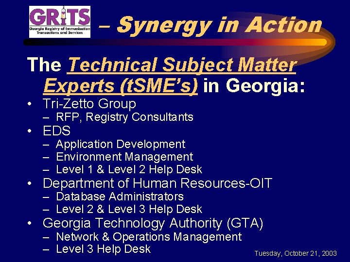– Synergy in Action The Technical Subject Matter Experts (t. SME’s) in Georgia: •