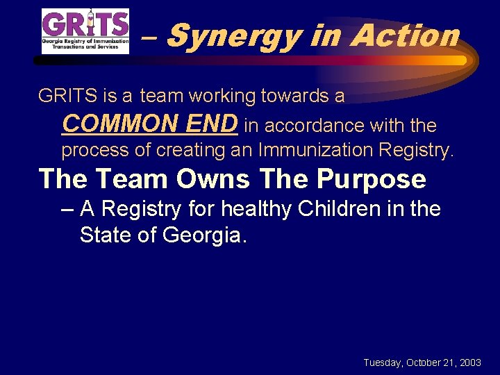 – Synergy in Action GRITS is a team working towards a COMMON END in