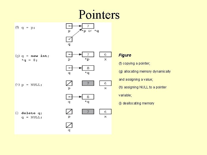 Pointers Figure (f) copying a pointer; (g) allocating memory dynamically and assigning a value;