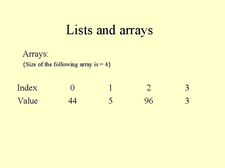 Lists and arrays Arrays: {Size of the following array is = 4} Index 0