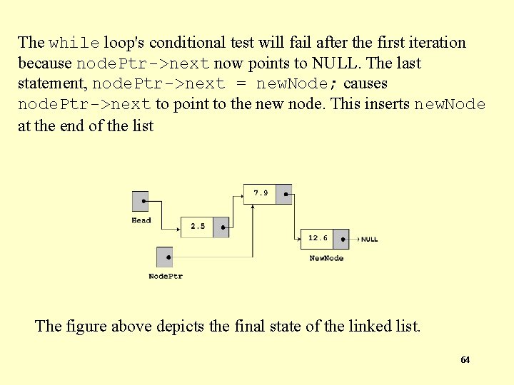 The while loop's conditional test will fail after the first iteration because node. Ptr->next