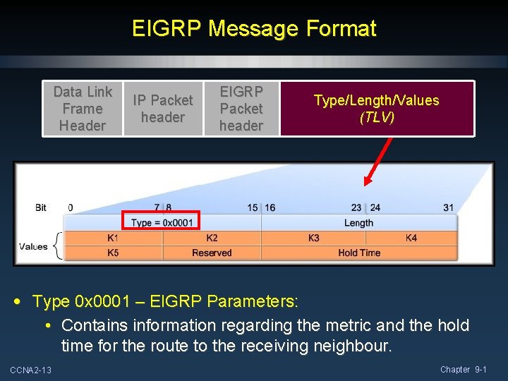 EIGRP Message Format Data Link Frame Header IP Packet header EIGRP Packet header Type/Length/Values