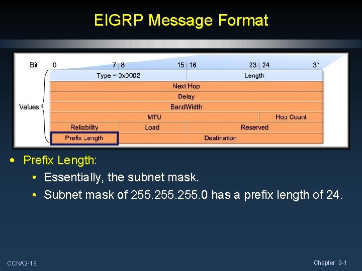EIGRP Message Format • Prefix Length: • Essentially, the subnet mask. • Subnet mask