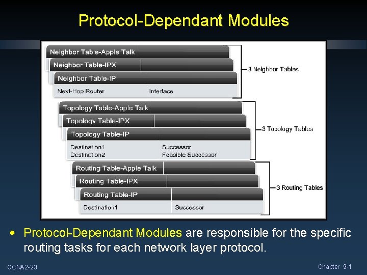 Protocol-Dependant Modules • Protocol-Dependant Modules are responsible for the specific routing tasks for each