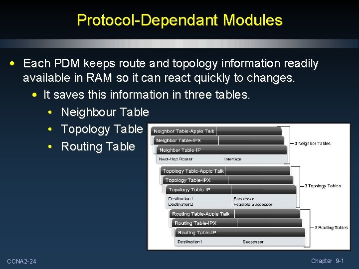 Protocol-Dependant Modules • Each PDM keeps route and topology information readily available in RAM