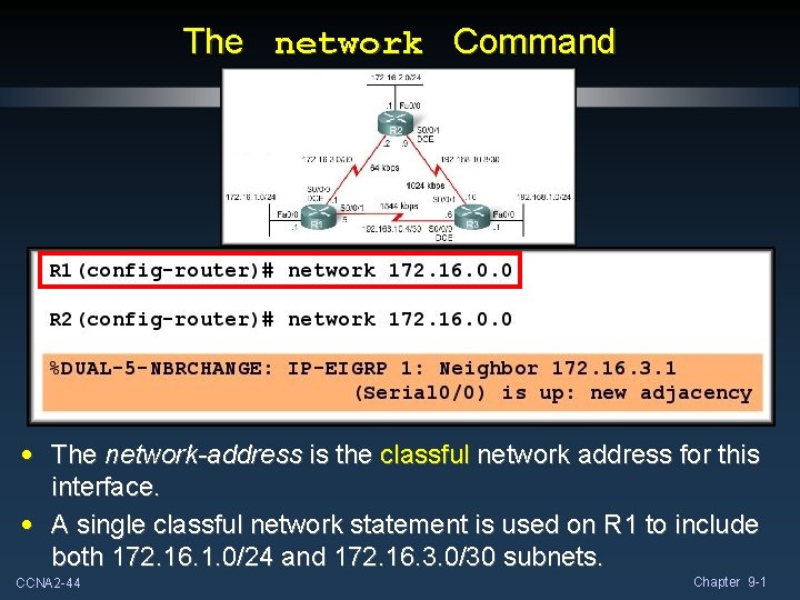 The network Command • The network-address is the classful network address for this interface.