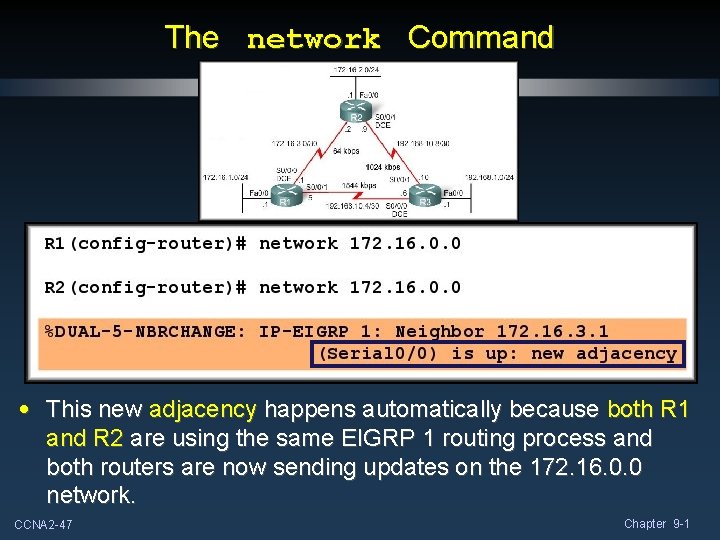 The network Command • This new adjacency happens automatically because both R 1 and