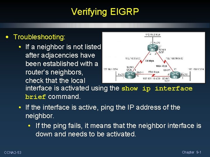 Verifying EIGRP • Troubleshooting: • If a neighbor is not listed after adjacencies have