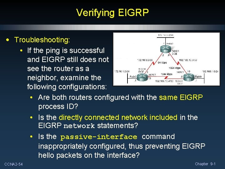 Verifying EIGRP • Troubleshooting: • If the ping is successful and EIGRP still does