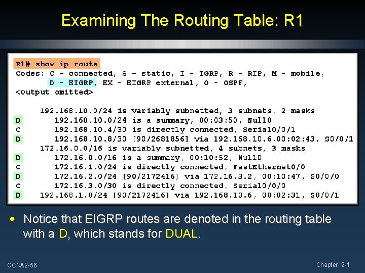Examining The Routing Table: R 1 • Notice that EIGRP routes are denoted in