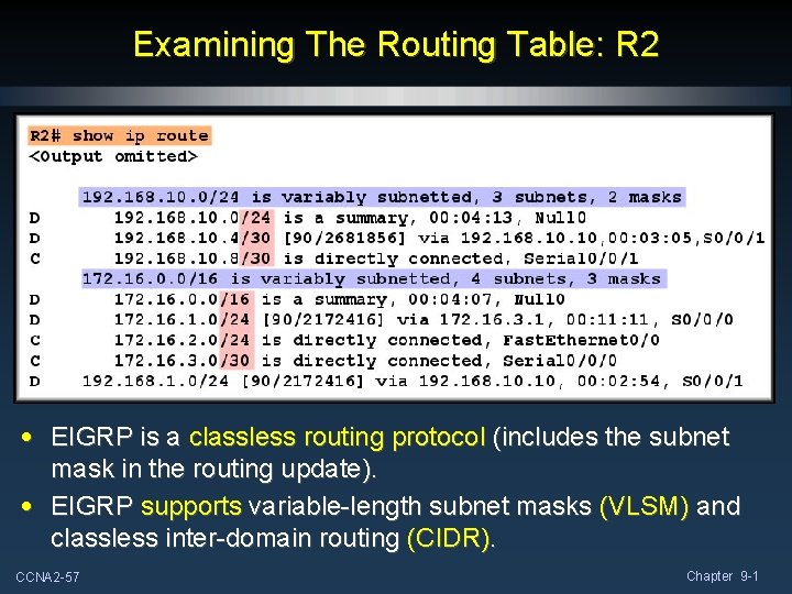 Examining The Routing Table: R 2 • EIGRP is a classless routing protocol (includes