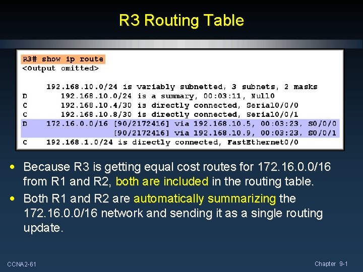 R 3 Routing Table • Because R 3 is getting equal cost routes for