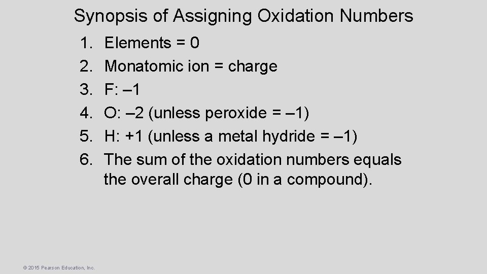 Synopsis of Assigning Oxidation Numbers 1. 2. 3. 4. 5. 6. © 2015 Pearson