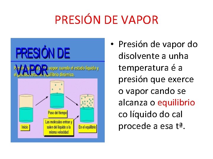 PRESIÓN DE VAPOR • Presión de vapor do disolvente a unha temperatura é a