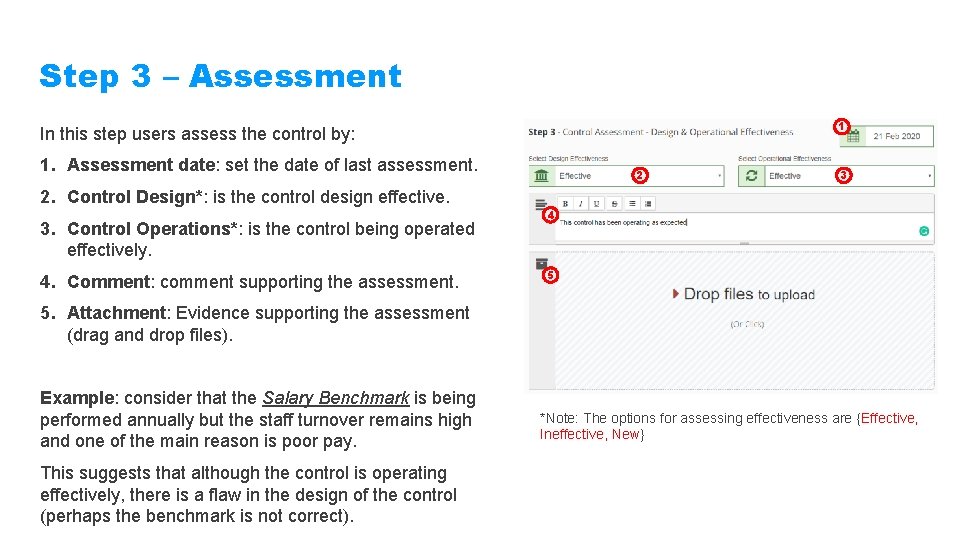 Step 3 – Assessment 1 In this step users assess the control by: 1.