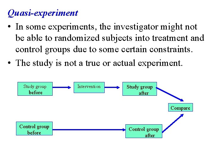 Quasi-experiment • In some experiments, the investigator might not be able to randomized subjects
