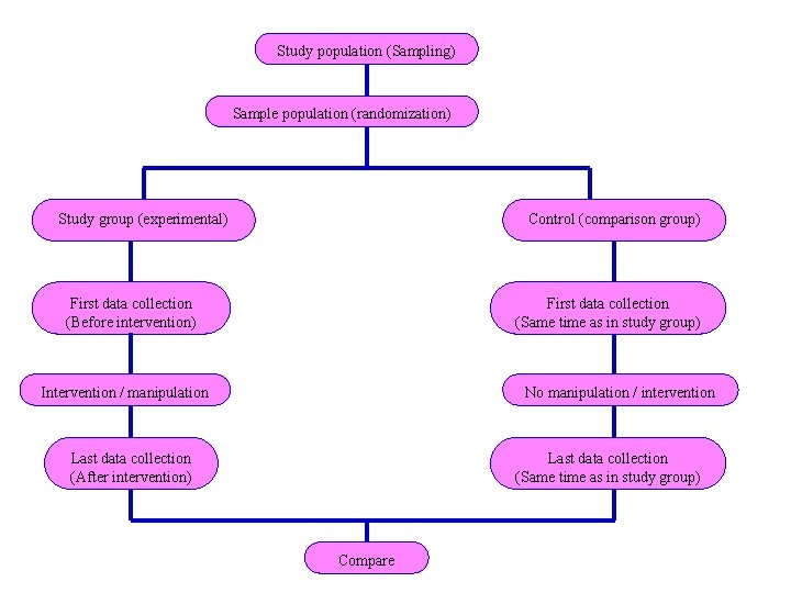Study population (Sampling) Sample population (randomization) Study group (experimental) Control (comparison group) First data