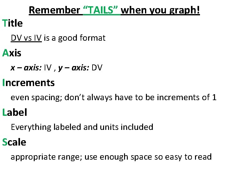 Title Remember “TAILS” when you graph! DV vs IV is a good format Axis