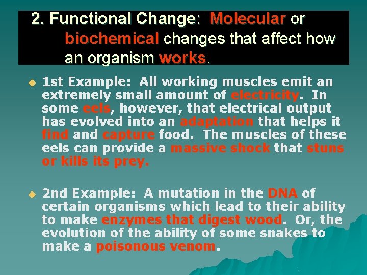 2. Functional Change: Molecular or biochemical changes that affect how an organism works. u
