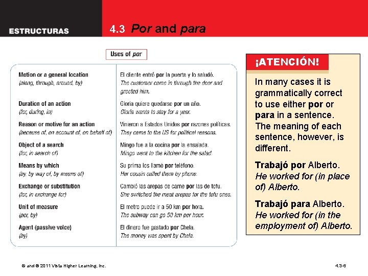 4. 3 Por and para ¡ATENCIÓN! In many cases it is grammatically correct to