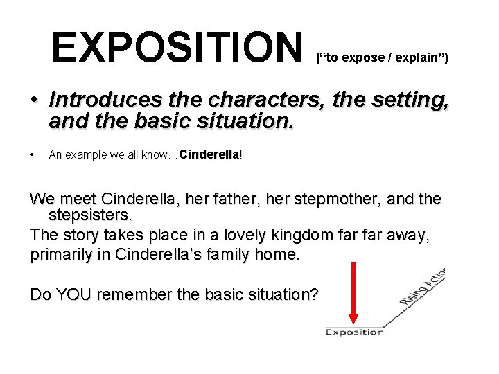EXPOSITION (“to expose / explain”) • Introduces the characters, the setting, and the basic