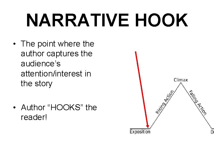 NARRATIVE HOOK • The point where the author captures the audience’s attention/interest in the