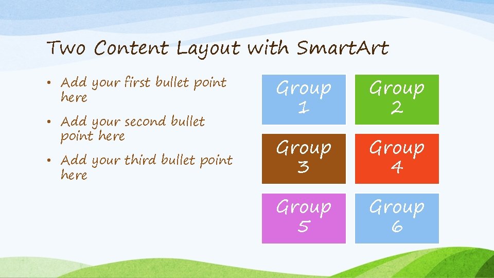 Two Content Layout with Smart. Art • Add your first bullet point here •