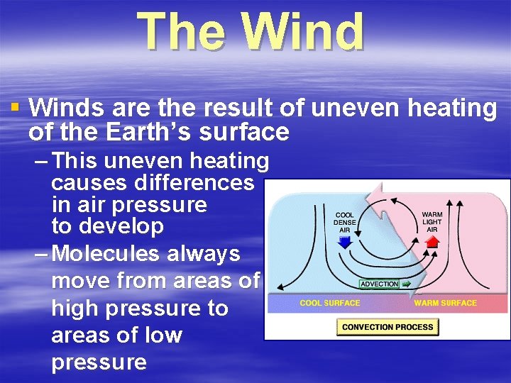 The Wind § Winds are the result of uneven heating of the Earth’s surface The Wind § Winds are the result of uneven heating of the Earth’s surface