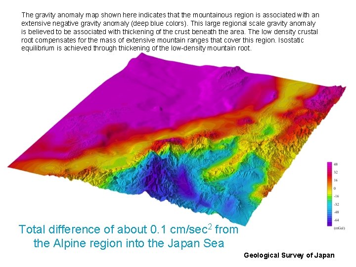 The gravity anomaly map shown here indicates that the mountainous region is associated with