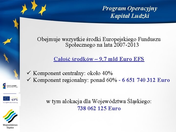 Program Operacyjny Kapitał Ludzki Obejmuje wszystkie środki Europejskiego Funduszu Społecznego na lata 2007 -2013