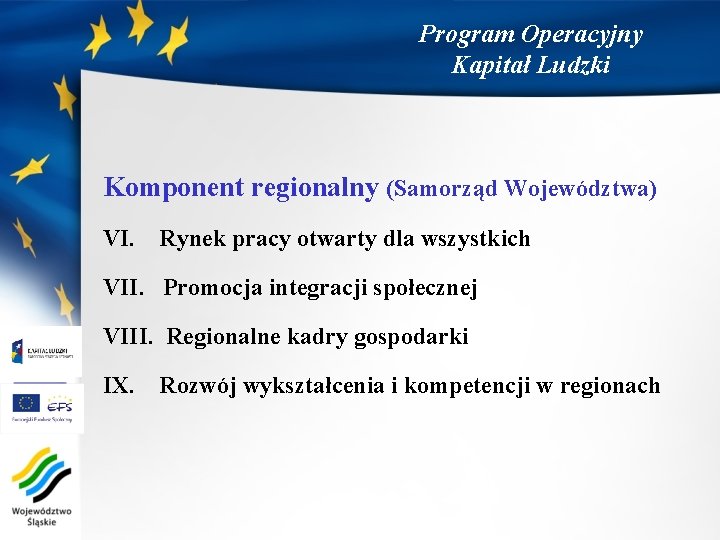 Program Operacyjny Kapitał Ludzki Komponent regionalny (Samorząd Województwa) VI. Rynek pracy otwarty dla wszystkich