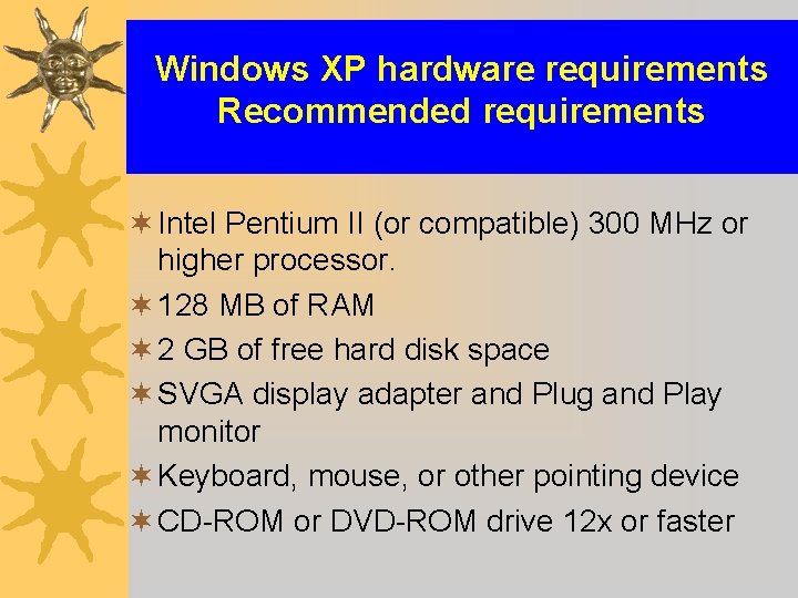 Windows XP hardware requirements Recommended requirements ¬ Intel Pentium II (or compatible) 300 MHz