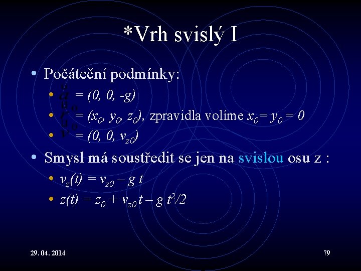 *Vrh svislý I • Počáteční podmínky: • = (0, 0, -g) • = (x