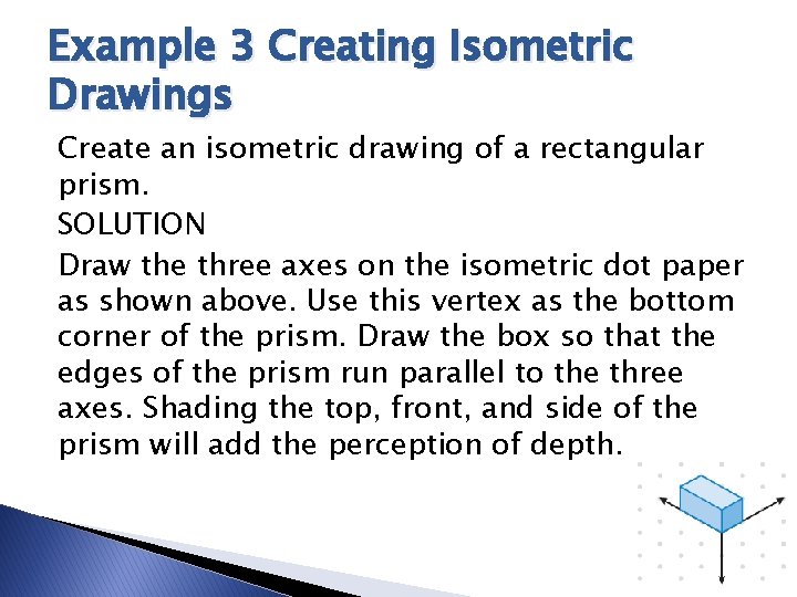 Example 3 Creating Isometric Drawings Create an isometric drawing of a rectangular prism. SOLUTION