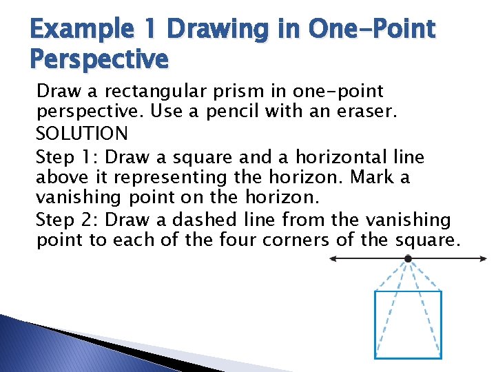 Example 1 Drawing in One-Point Perspective Draw a rectangular prism in one-point perspective. Use