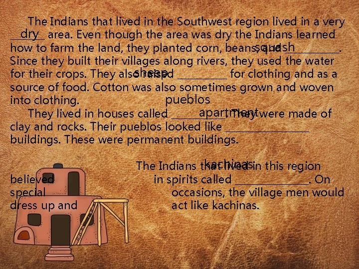The Indians that lived in the Southwest region lived in a very dry area.