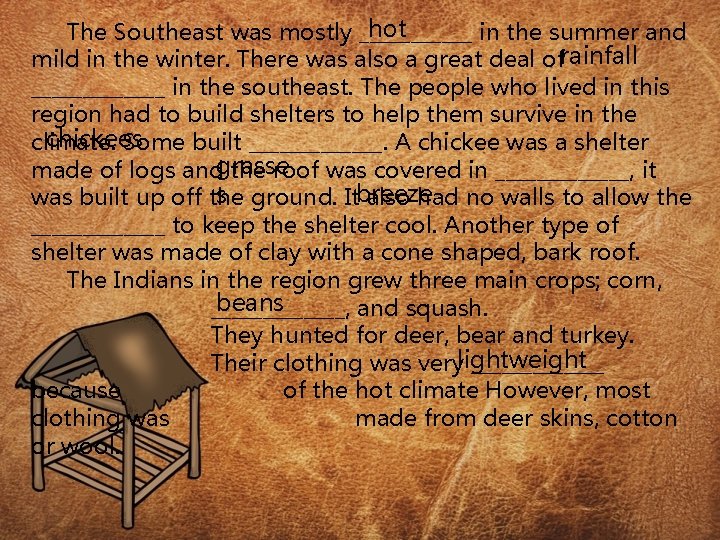 hot The Southeast was mostly ______ in the summer and mild in the winter.