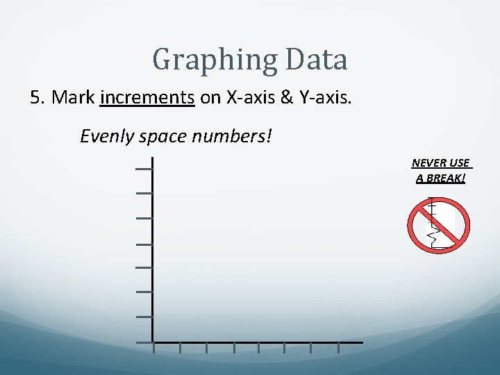 Graphing Data 5. Mark increments on X-axis & Y-axis. Evenly space numbers! NEVER USE