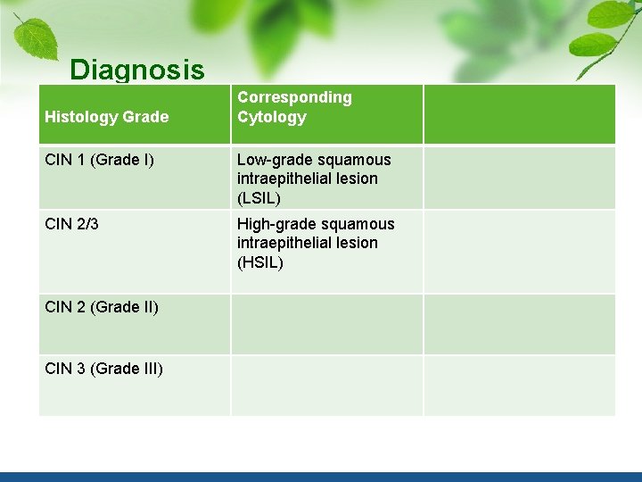 Diagnosis Histology Grade Corresponding Cytology CIN 1 (Grade I) Low-grade squamous intraepithelial lesion (LSIL)