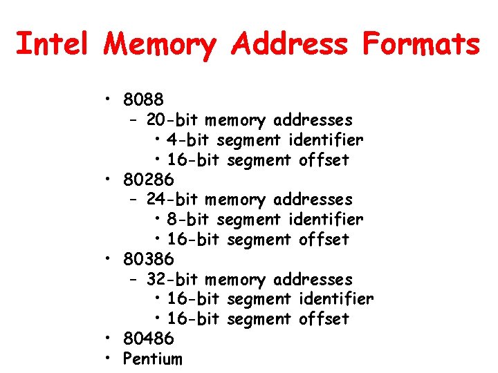 Intel Memory Address Formats • 8088 – 20 -bit memory addresses • 4 -bit