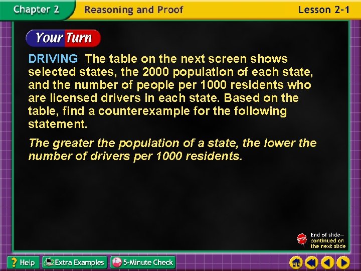 DRIVING The table on the next screen shows selected states, the 2000 population of