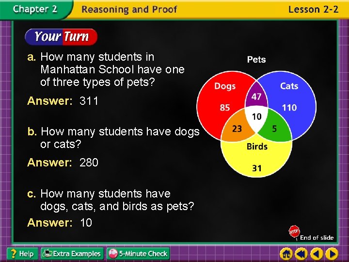 a. How many students in Manhattan School have one of three types of pets?